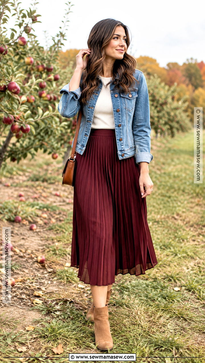 Denim Jacket And Pleated Skirt Engagement Outfit - 15 Engagement Outfit Ideas Fall