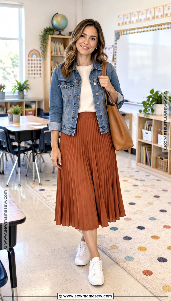Denim Jacket And Pleated Skirt Fall Teacher Outfit - 15 fall 2026 outfits for teachers