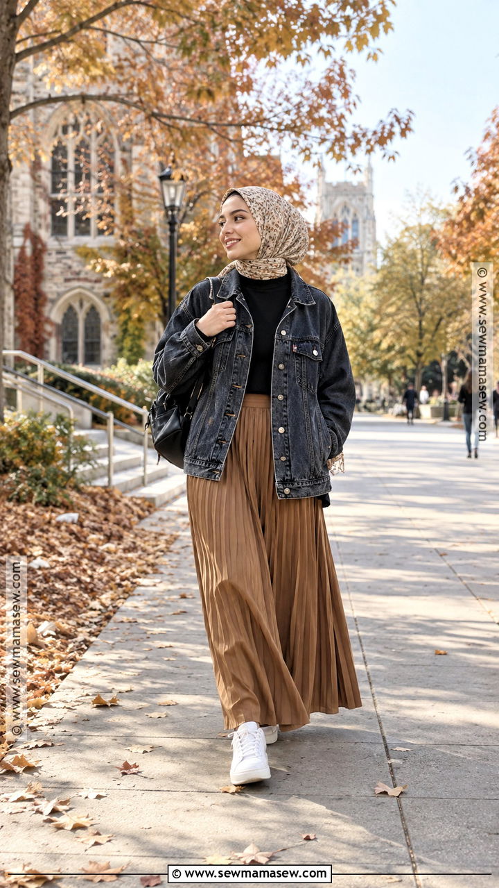 Denim Jacket And Pleated Skirt Hijab Outfit - 20 Hijab Fashion Autumn Ideas
