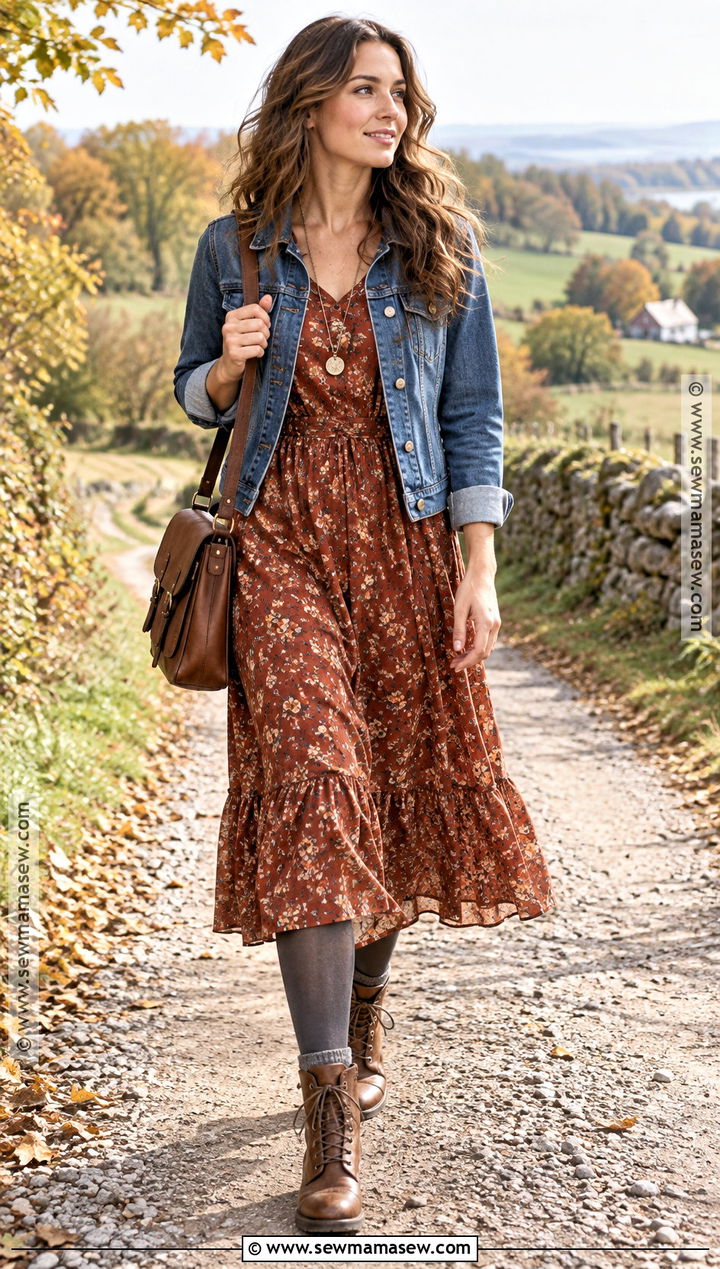 Denim Jacket And Prairie Dress Boho Autumn Look - 15 boho style autumn look ideas