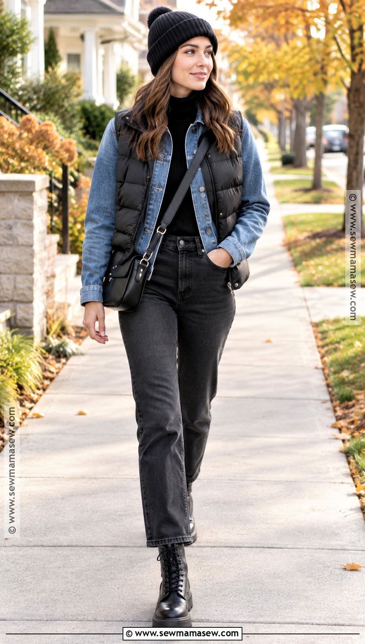 Denim Jacket And Puffer Vest Cold Weather Outfit - 25 fall cold weather outfits
