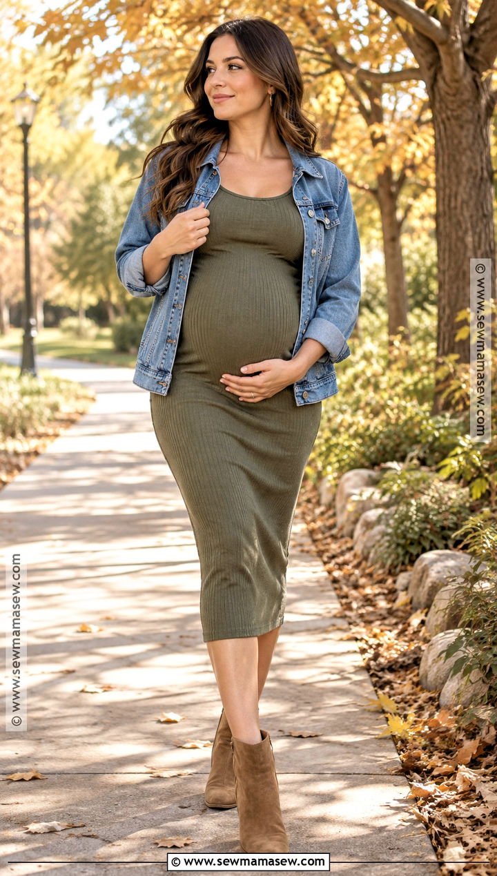 Denim Jacket And Ribbed Dress Photoshoot - 20 maternity fall outfits photoshoot