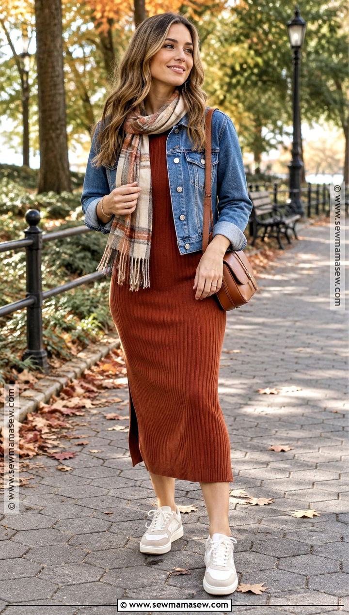 Denim Jacket And Ribbed Knit Dress Fall Outfit - 20 pretty outfits fall