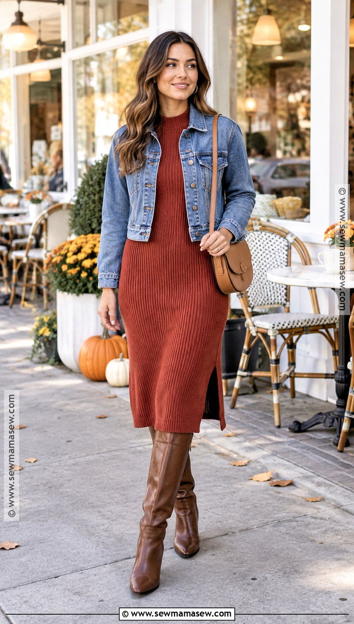 Denim Jacket And Sweater Dress Autumn Outfit - 30 outfit autumn ideas