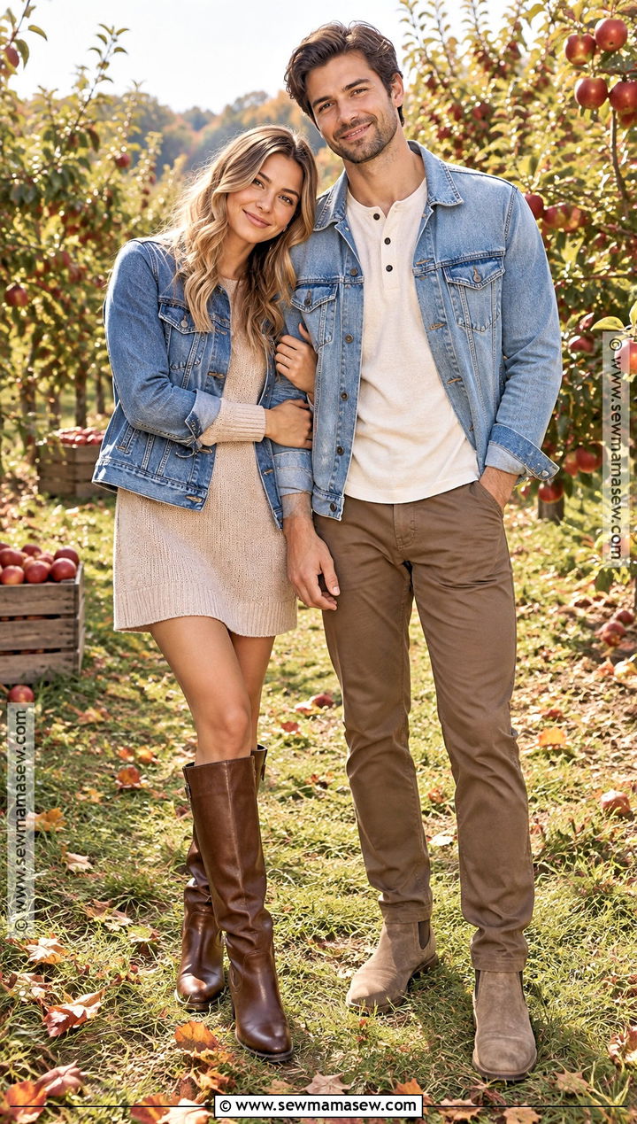 Denim Jacket And Sweater Dress Fall Couples Photoshoot Outfit - 20 Fall Couples Photoshoot Outfits Neutral
