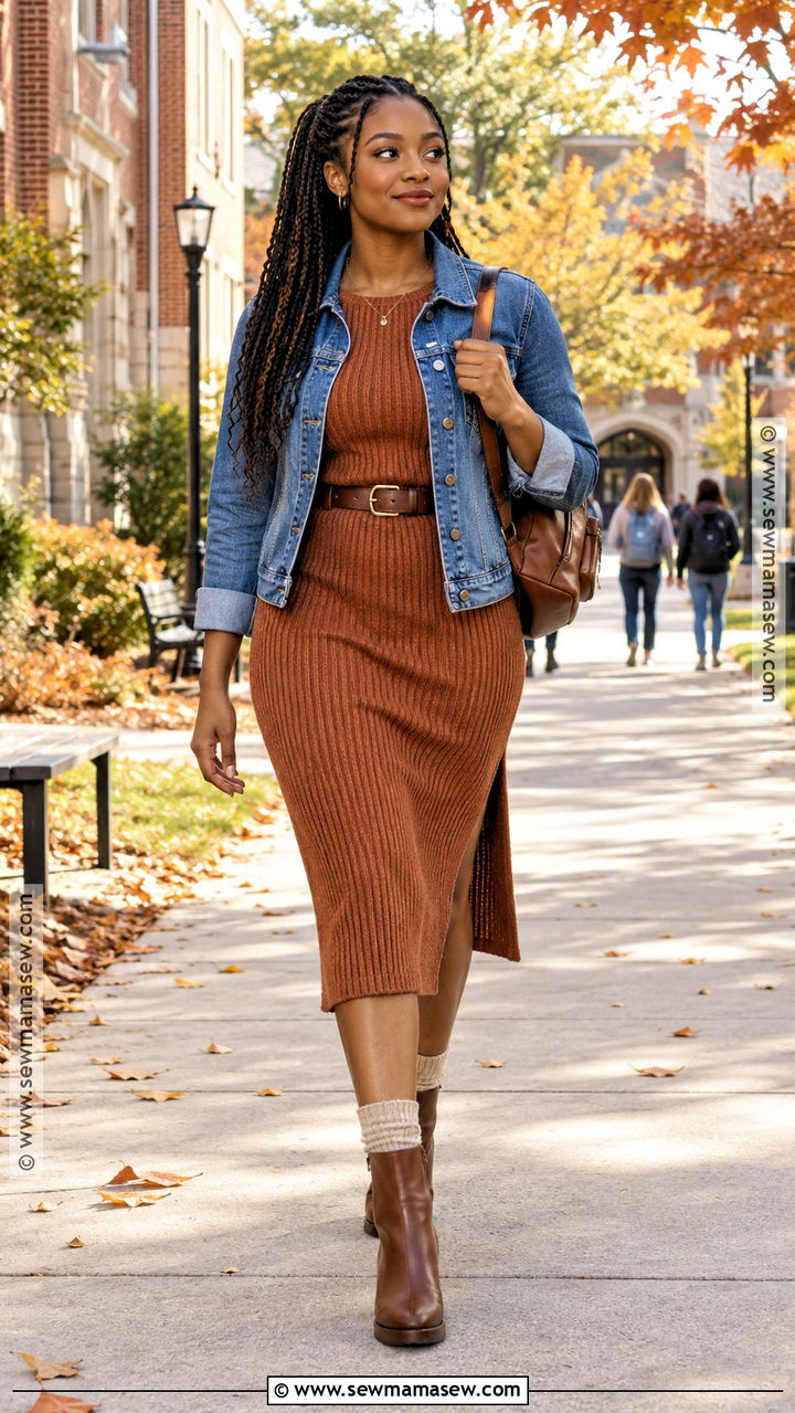 Denim Jacket And Sweater Dress School Outfit - 20 fall outfits black women school