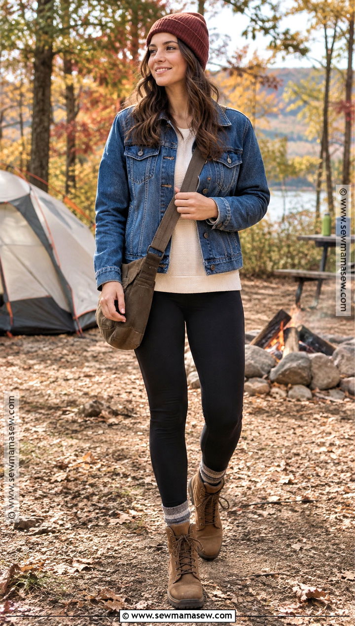 Denim Jacket And Thermal Leggings Fall Camping Outfit - 25 fall camping outfits