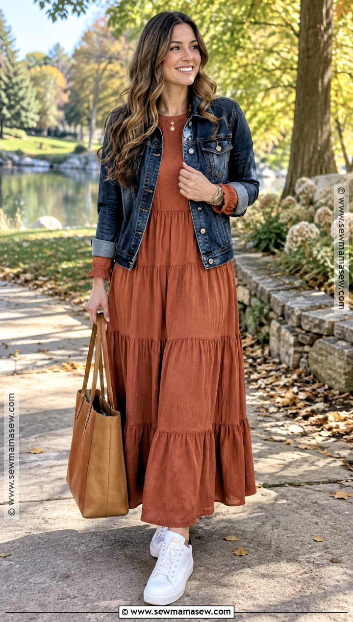 Denim Jacket And Tiered Maxi Dress - 20 fall outfit modest ideas