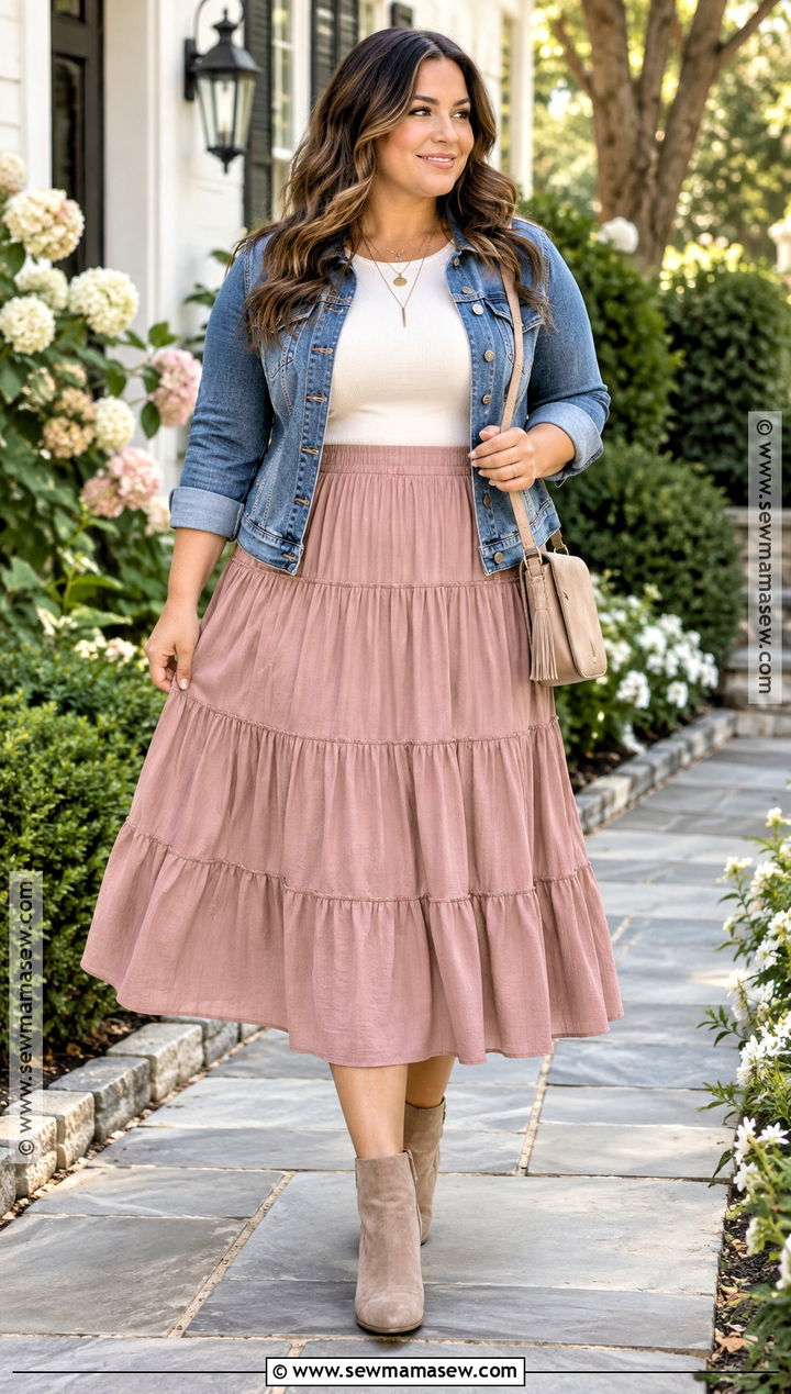 Denim Jacket And Tiered Midi Skirt Fall Outfit - 15 Cute Girly Fall Outfit Ideas
