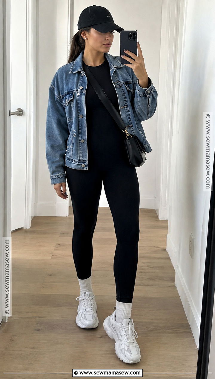 Denim Jacket And Unitard Autumn Outfit - 20 autumn outfits sporty