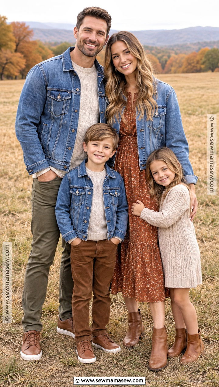 Denim Jacket And Warm Neutral Family Outfit - 15 casual fall picture outfits for family