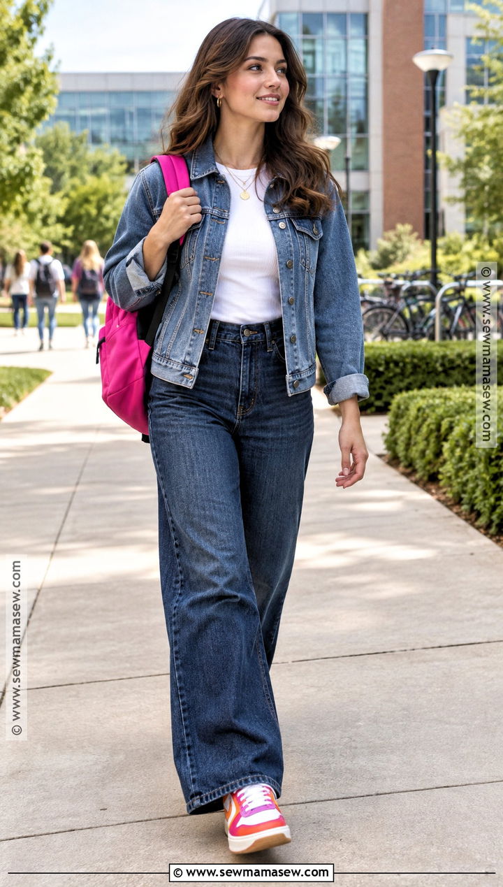 Denim Jacket And Wide Leg Jeans School Outfit - 20 Fly Back To School Outfits
