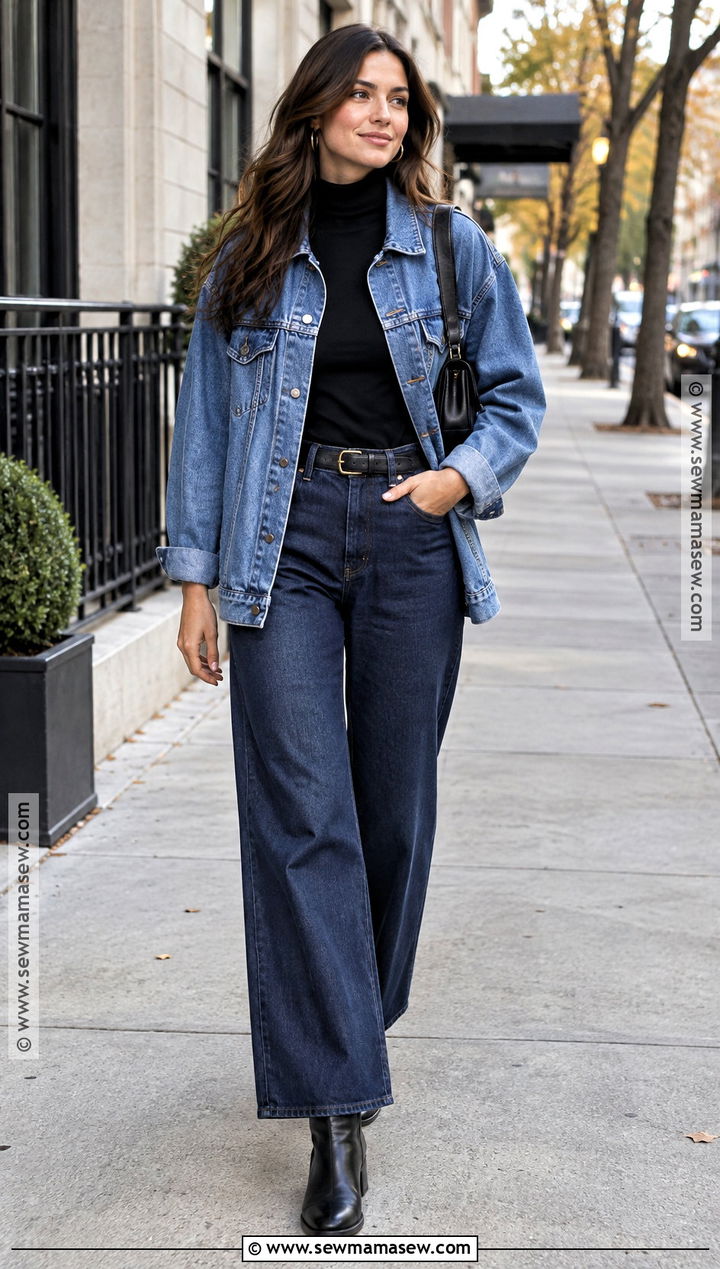Denim Jacket And Wide Leg Jeans Streetwear Outfit - 20 Streetwear Fashion Women Fall Ideas