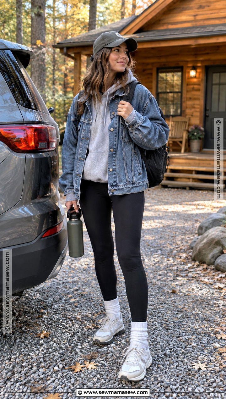 Denim Jacket Cabin Outfit With Hoodie and Leggings - 15 cute cabin outfits fall