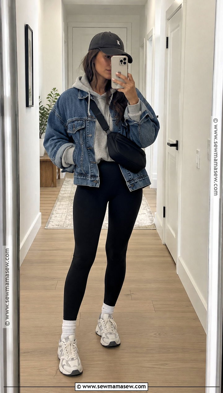 Denim Jacket Fall Outfit With A Hoodie And Leggings - 15 cool day outfit fall ideas