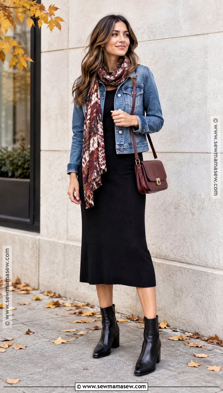 Denim Jacket Fall Outfit With Black Midi Dress - 20 chic outfits fall