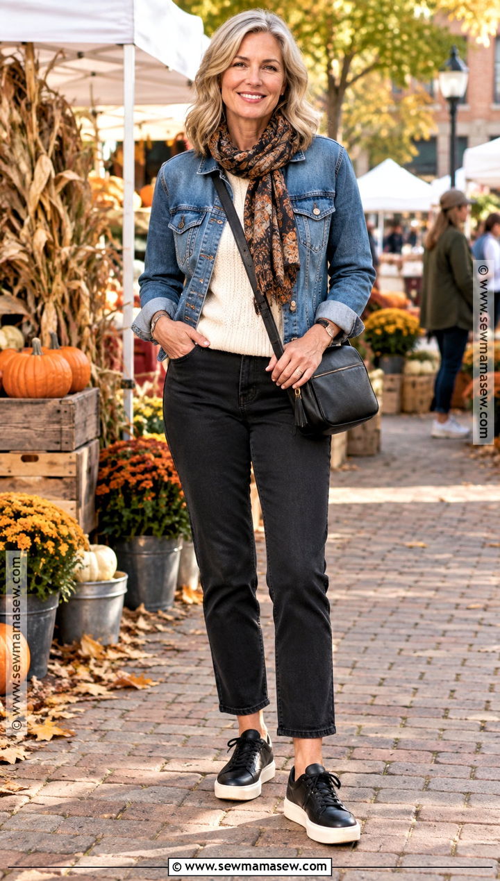 Denim Jacket Fall Outfit With Black Sneakers - 20 Fall Outfit With Sneakers