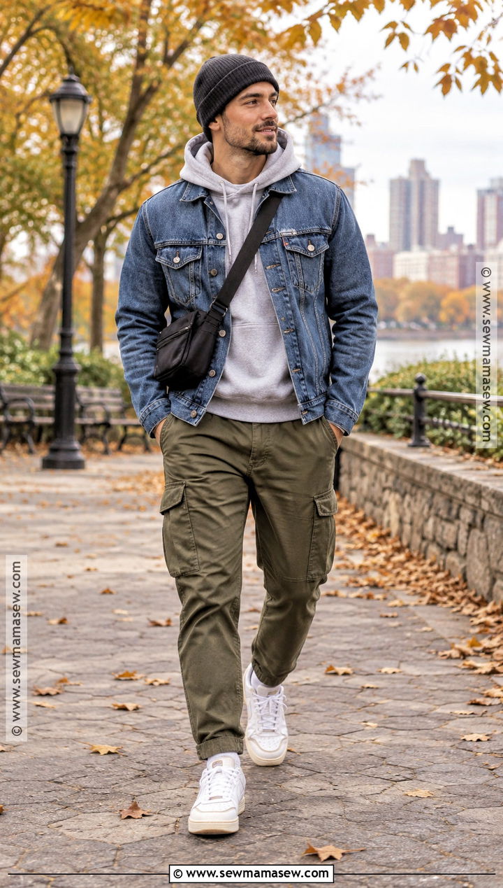 Denim Jacket Fall Outfit With Hoodie And Cargo Pants - 15 Fall Looks for Men