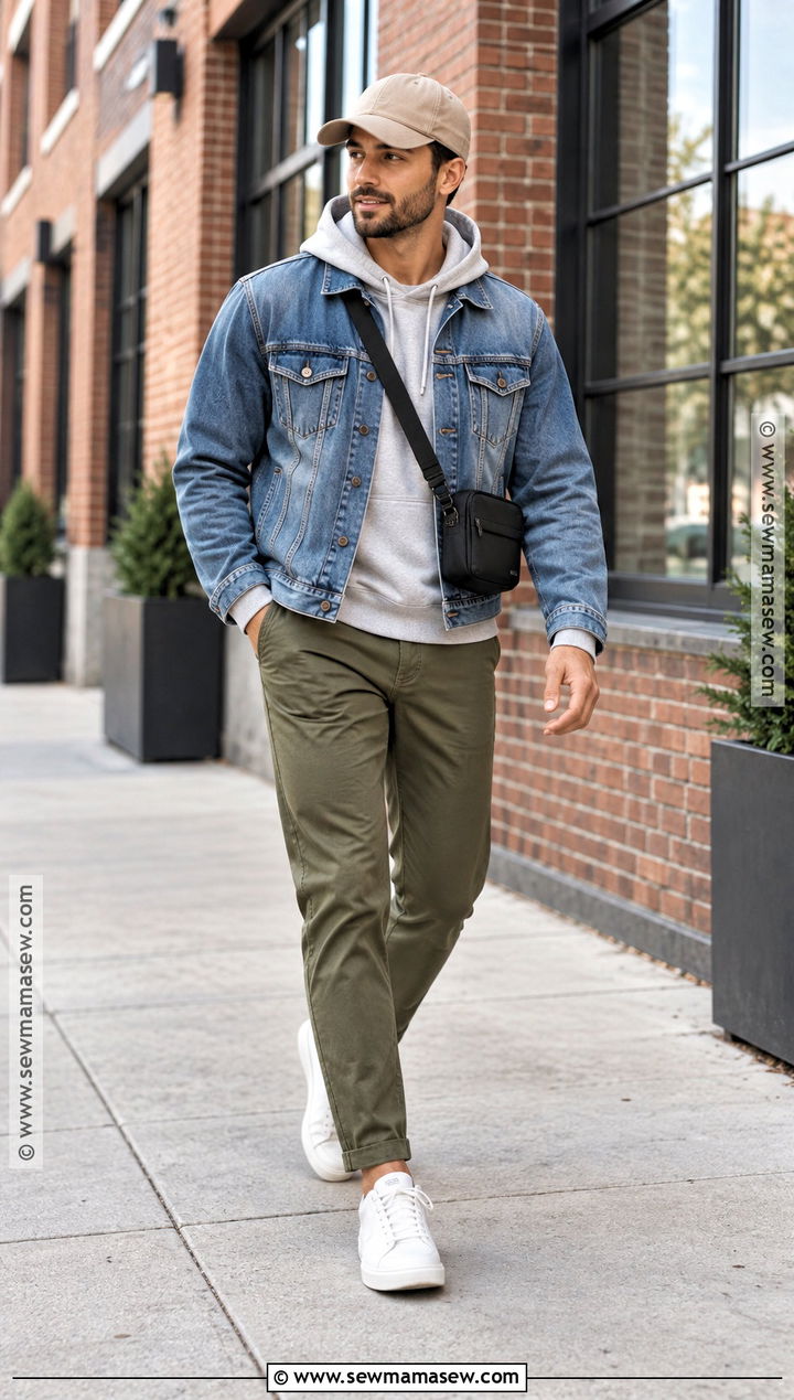 Denim Jacket Fall Outfit With Hoodie And Chinos - 15 casual mens outfits fall
