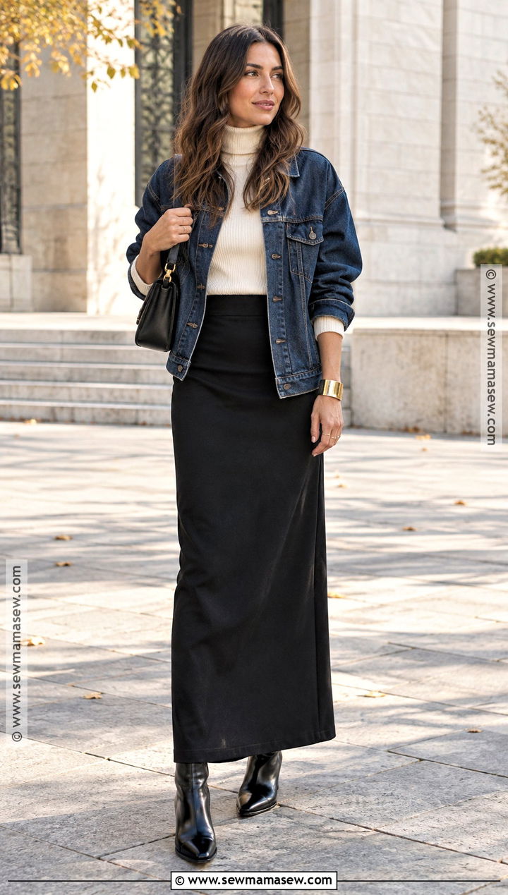 Denim Jacket Fall Outfit With Maxi Skirt - 20 street style fall outfits