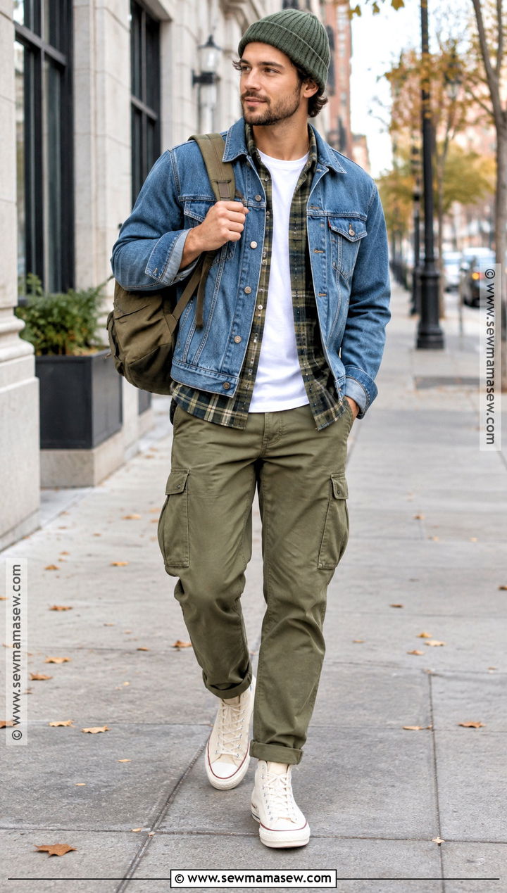 Denim Jacket Flannel Shirt And Cargo Pants Outfit - 20 men fall outfits casual street style