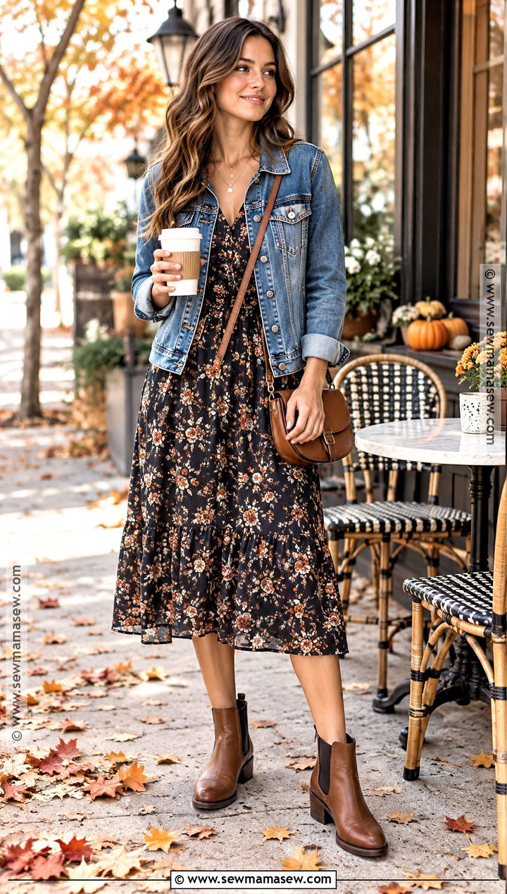 Denim Jacket Floral Dress and Chelsea Boots Fall Coffee Date Outfit - 15 cute coffee date outfits fall