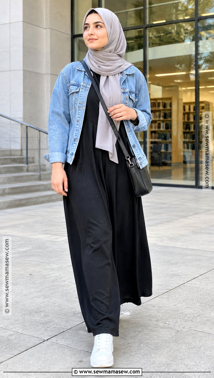 Denim Jacket Hijab Outfit With Black Maxi Dress - 20 back to school hijab outfits