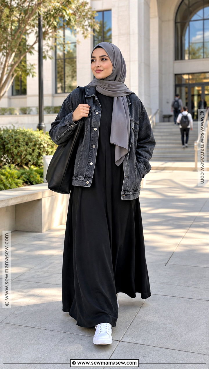 Denim Jacket Hijabi Outfit With A Black Abaya - 25 fall hijabi outfits
