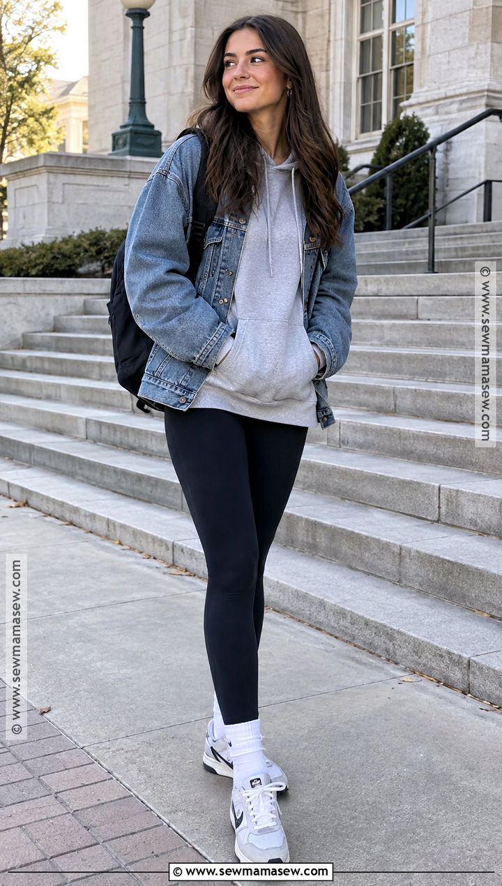 Denim Jacket Hoodie And Leggings School Outfit - 15 casual school fall outfits