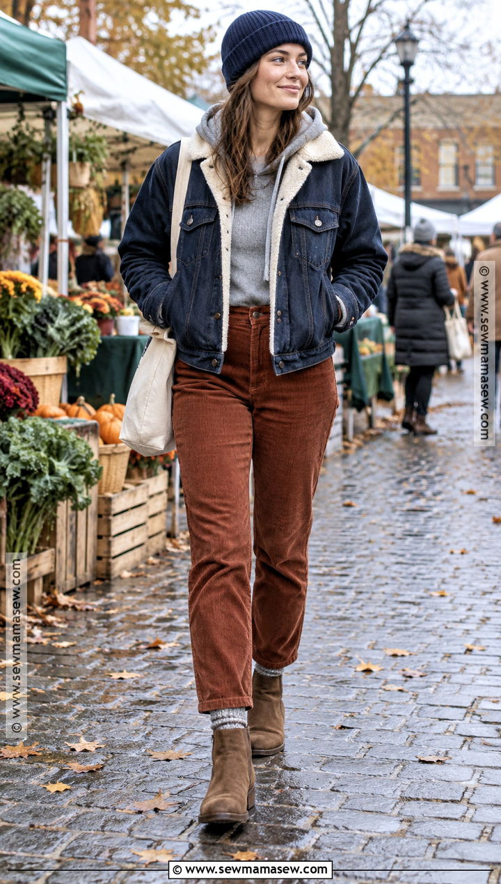 Denim Jacket Hoodie Corduroy Pants and Boots - 20 cold fall day outfit ideas