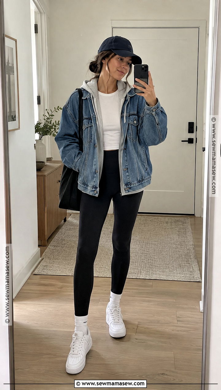 Denim Jacket Hoodie and Leggings Fall Outfit - 15 layer outfits fall