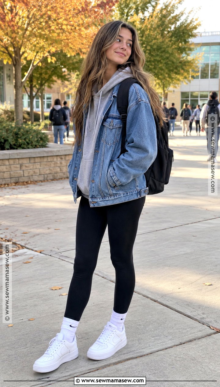 Denim Jacket Hoodie and Leggings - 15 Highschool Fall Outfits