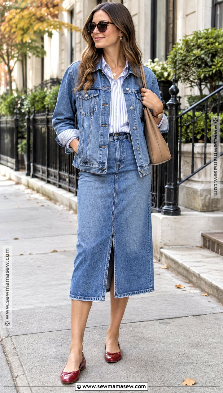 Denim Jacket Jean Skirt And Colorful Flats - 25 jean skirt fall outfits