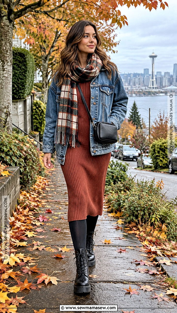 Denim Jacket Knit Dress And Combat Boots Seattle Fall Outfit - 20 Fall Seattle Outfits