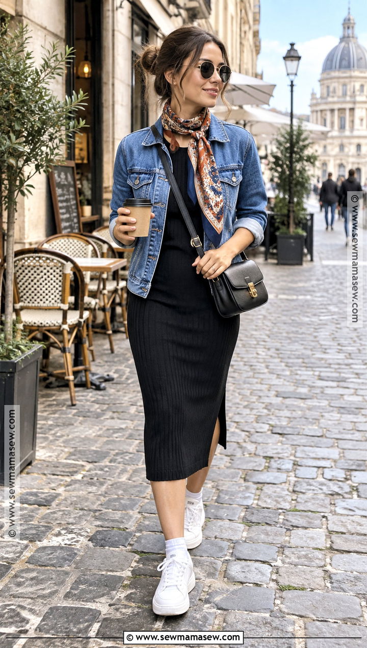 Denim Jacket Knit Midi Dress And Sneakers - 20 Fall Travel Capsule Wardrobe Europe Ideas