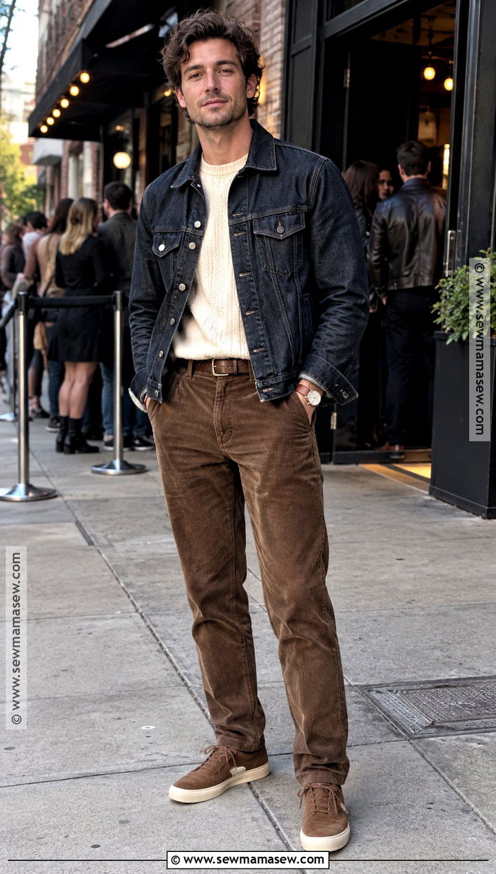 Denim Jacket Knit Shirt and Corduroy Pants Concert Outfit - 15 concert outfit men fall ideas