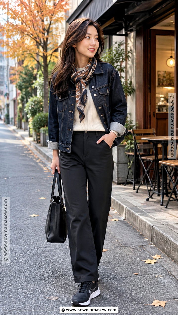 Denim Jacket Knit Top And Black Pants Japan Autumn Outfit - 20 japan travel outfit autumn ideas
