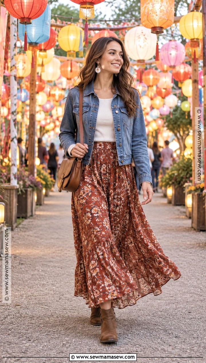 Denim Jacket Lantern Festival Outfit With Maxi Skirt - 15 Lantern Festival Outfit Fall Ideas