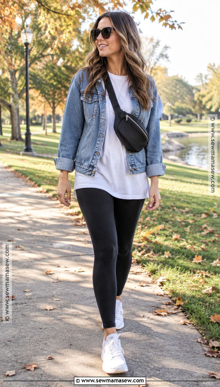 Denim Jacket Leggings and Sneakers Fall Outfit - 25 simple fall outfits casual