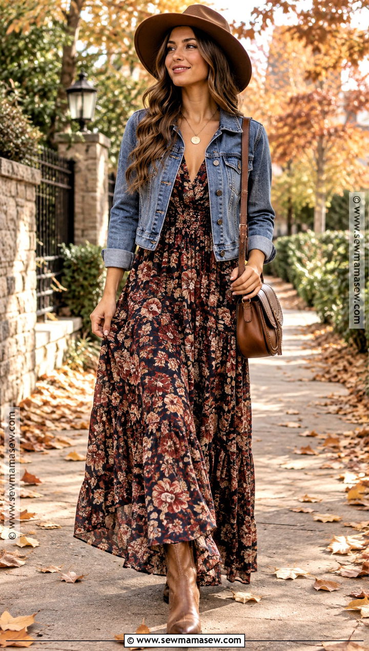 Denim Jacket Maxi Dress and Boots Fall Outfit - 15 fall outfits with accessories