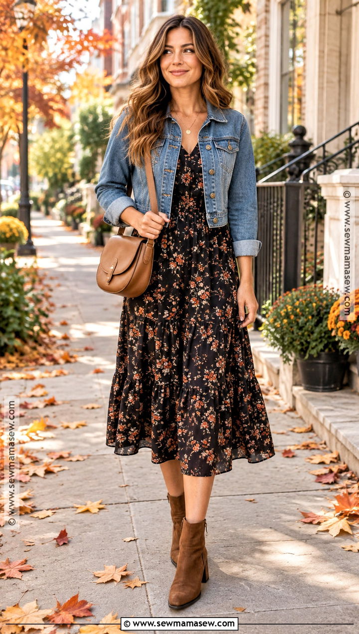 Denim Jacket Midi Dress and Ankle Boots Fall Outfit - 20 simple fall fits