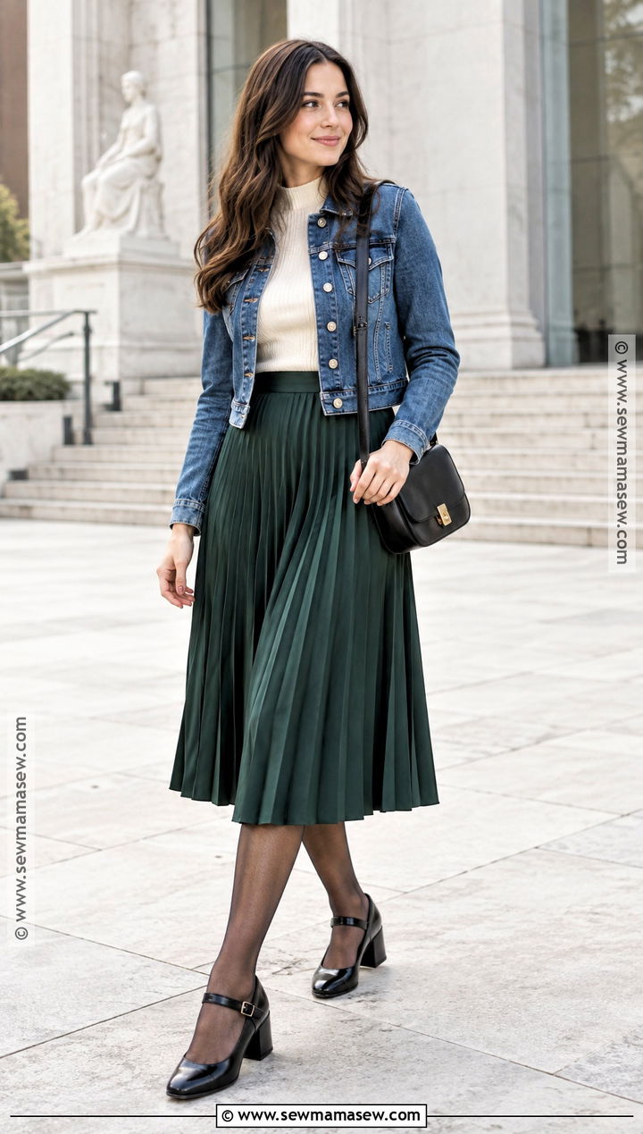 Denim Jacket Pleated Skirt and Mary Jane Heels Fall Outfit - 20 fall outfits with heels