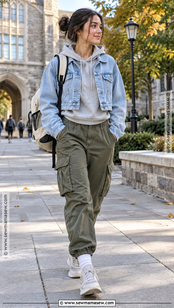 Denim Jacket School Outfit With Cargo Pants - 15 casual fall outfits for school