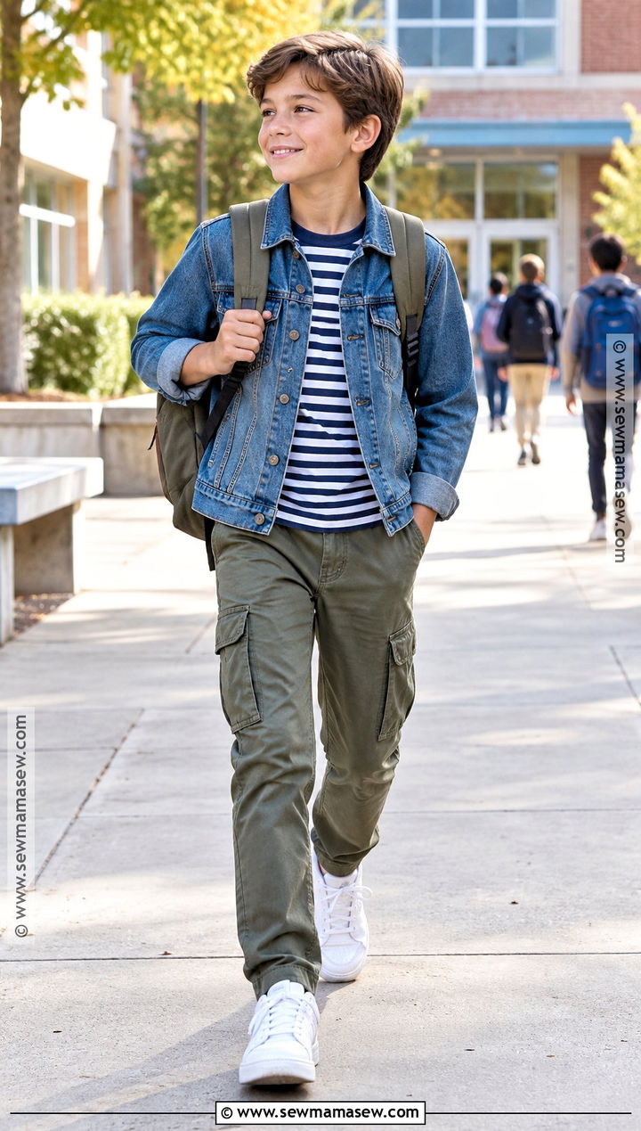 Denim Jacket Striped T Shirt Cargo Pants And Sneakers Outfit - 20 back to school outfits for kids