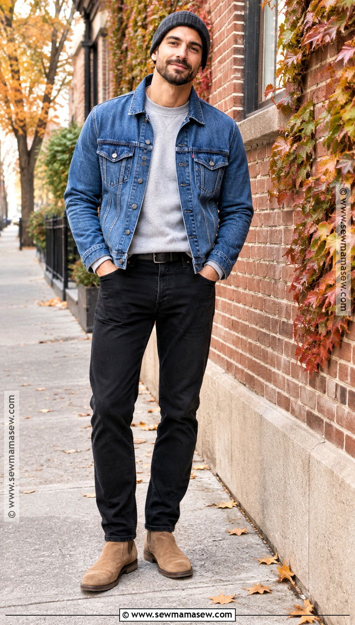 Denim Jacket Sweatshirt and Black Jeans Outfit - 15 Casual Mens Fall Outfits
