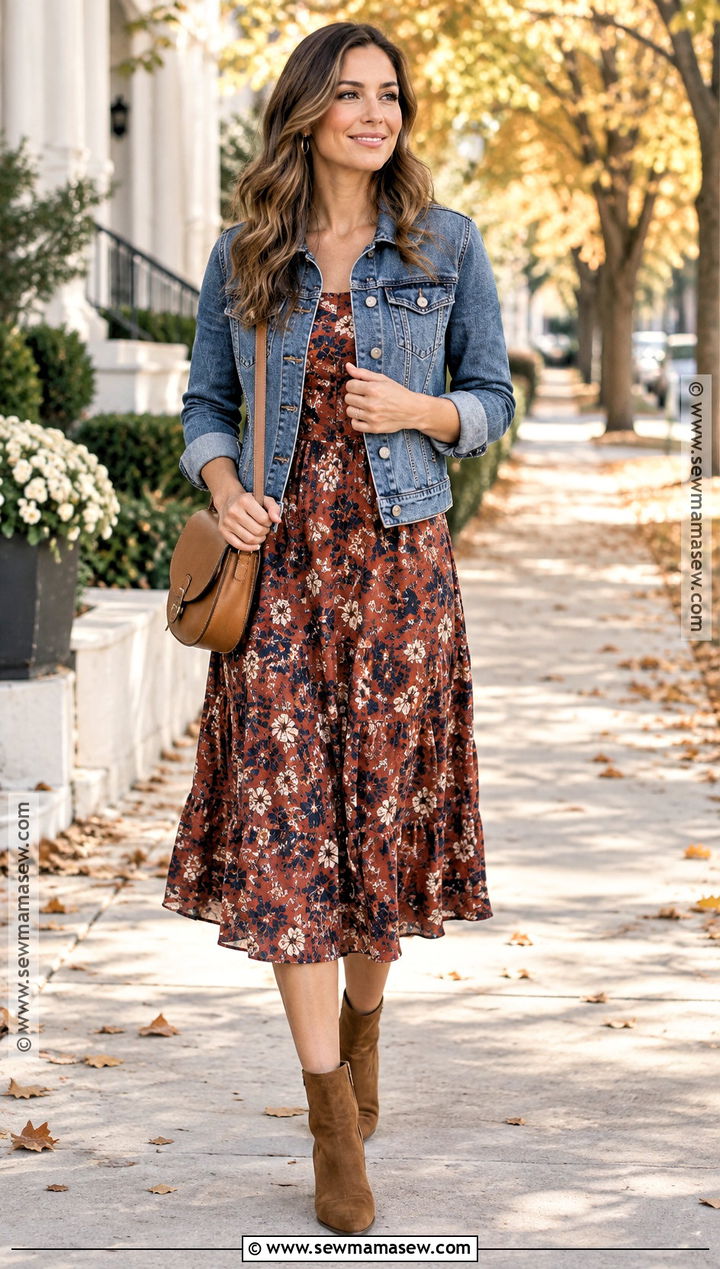 Denim Jacket With A Floral Midi Dress - 15 Everyday Outfits Fall 2026