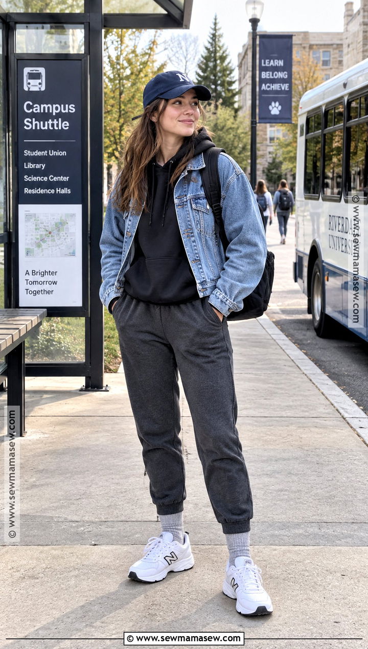 Denim Jacket With A Hoodie And Joggers - 15 comfy fall college outfits