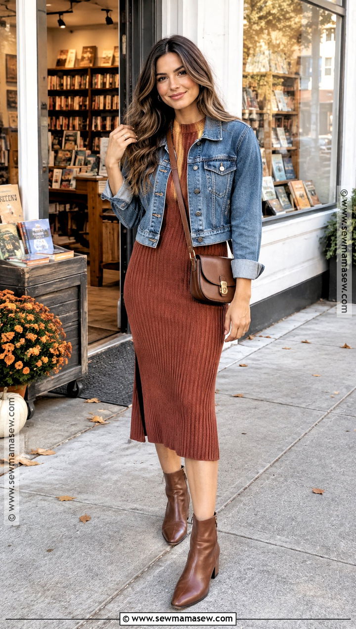 Denim Jacket With A Knit Dress - 15 affordable fall wardrobe essentials