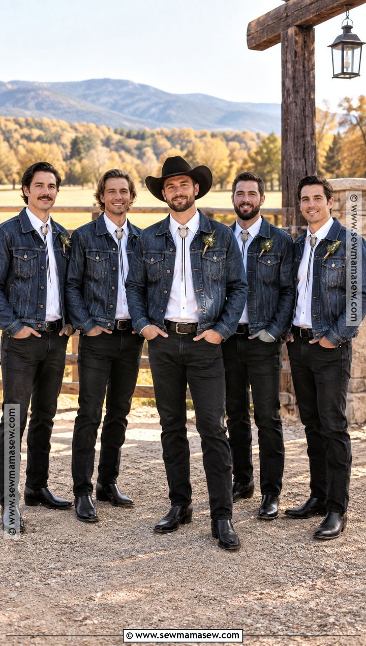 Denim Jacket With Black Jeans And Boots - 20 fall groomsmen attire rustic ideas