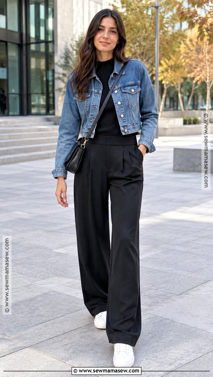Denim Jacket With Black Trousers - 25 fall day outfit ideas